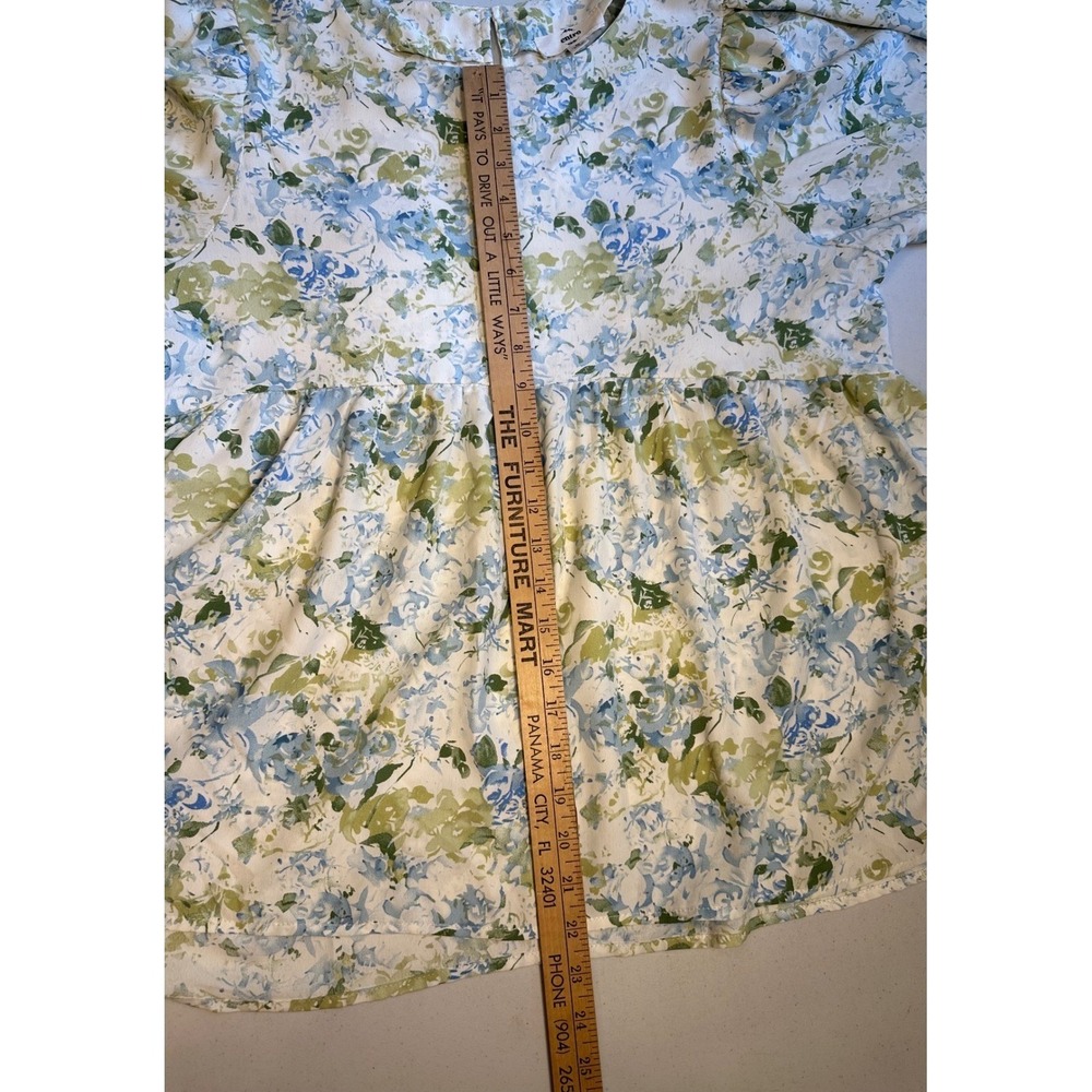 Entro Floral Babydoll Top Blue Green Watercolor Smocked Cuff Blouse T20069 M - Picture 8 of 8